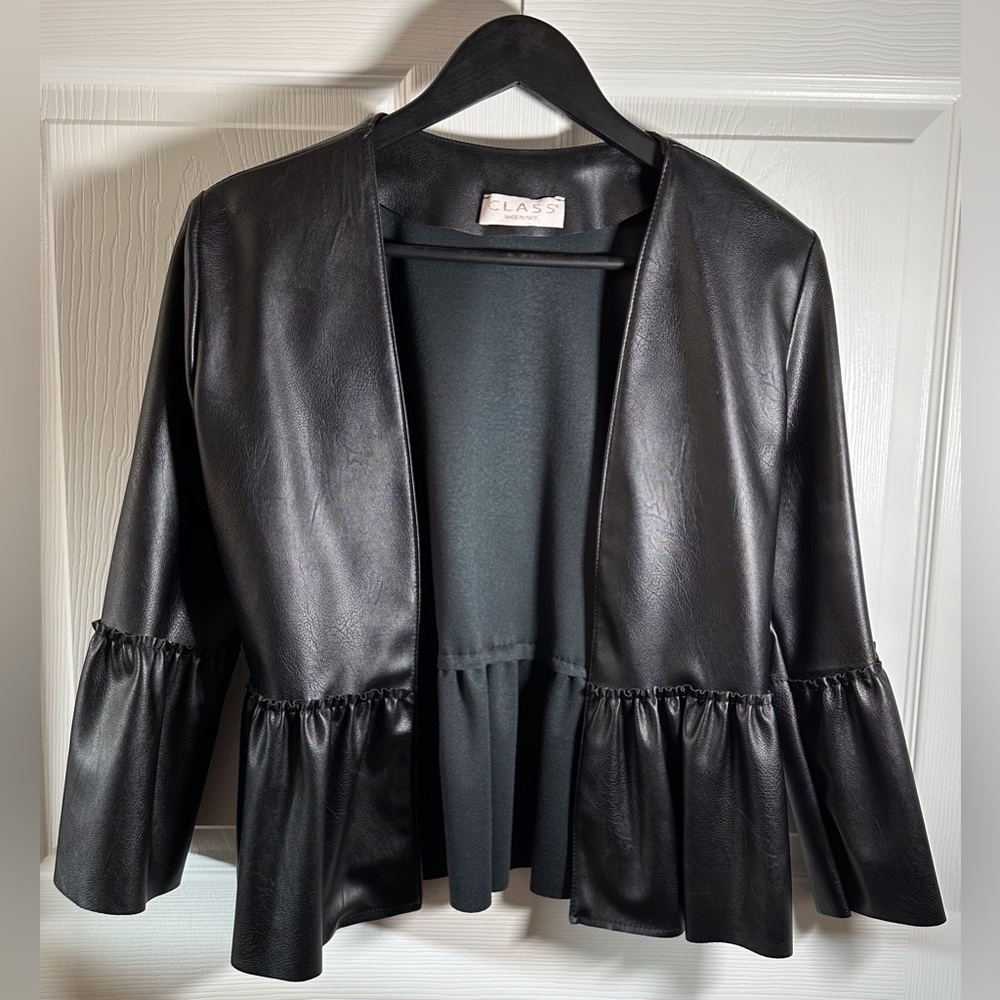 Black Faux Leather Ruffle Hem Bell Sleeve Jacket — Size Small - Picture 3 of 12